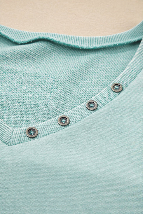 Mineral Wash Snap Trim V Neck Exposed Seam Drop Shoulder Curved Hem Long Sleeve Top